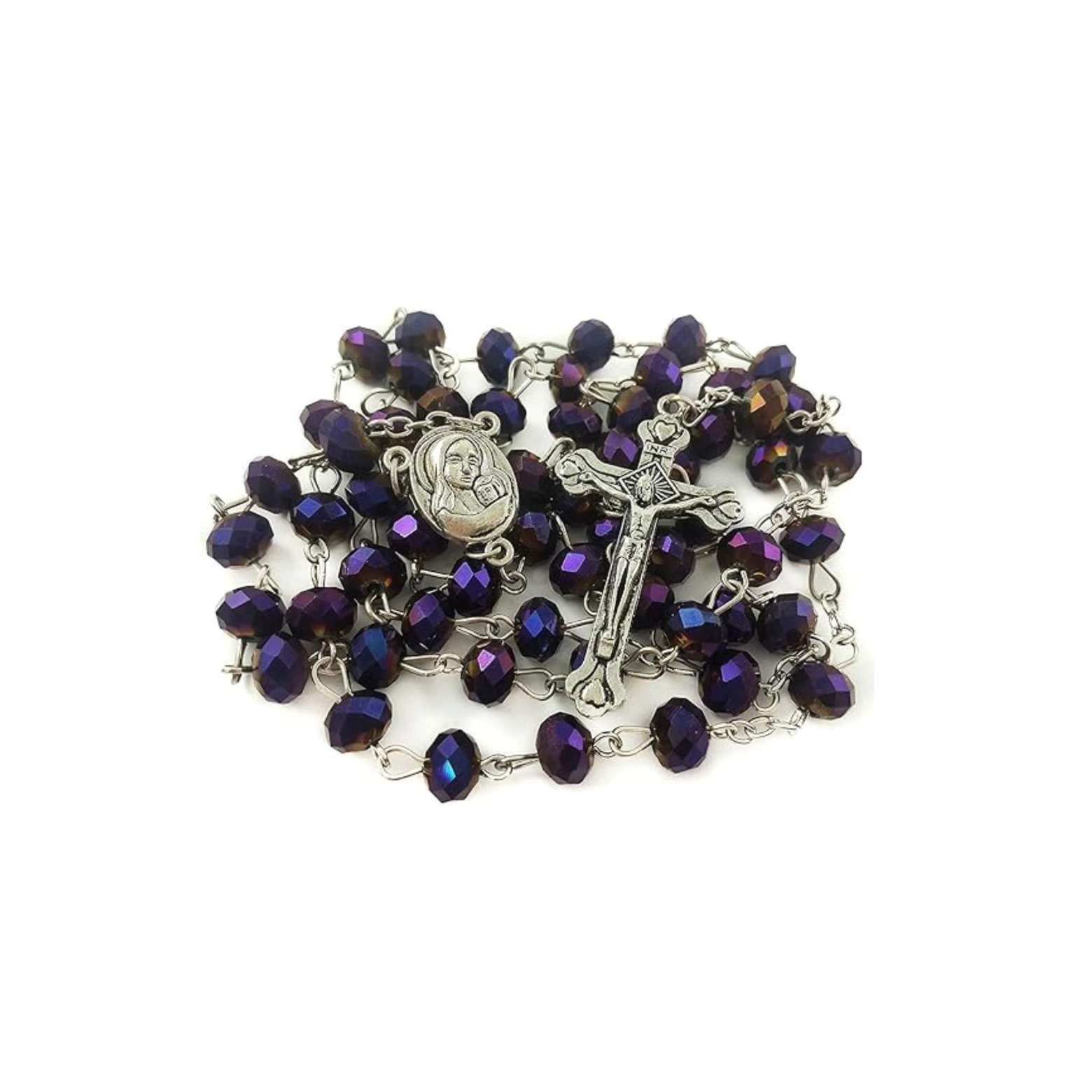 Deep Purple Beads Rosary Necklace Crystallized Chaplet Holy Soil & Cross - Nazareth Store