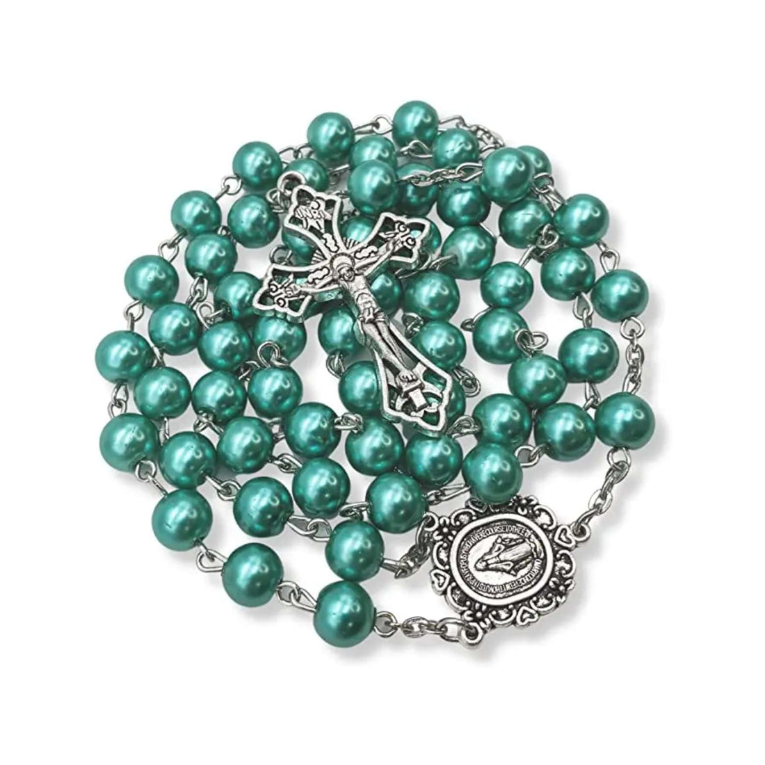 Turquoise Marble Pearl Beads Rosary Miraculous Medal & Cross - Velvet Bag Nazareth Store