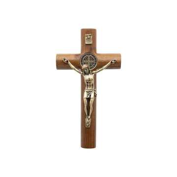 Walnut Wood Wall St. Benedict Cross Gold Jesus Wall Hanging Catholic Crucifix Nazareth Store