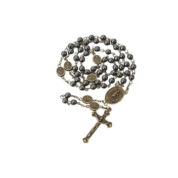 Black Hematite St. Michael Stone Beads Rosary Necklace with Metal Box Nazareth Store