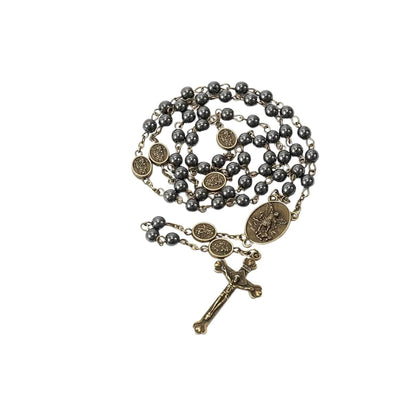 Black Hematite Stone Beads Rosary St. Michael Necklace with Metal Box - Nazareth Store