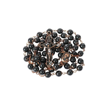 Black Obsidian Natural Stone Rosary Beads Necklace Holy Soil & Cross Crucifix - Nazareth Store