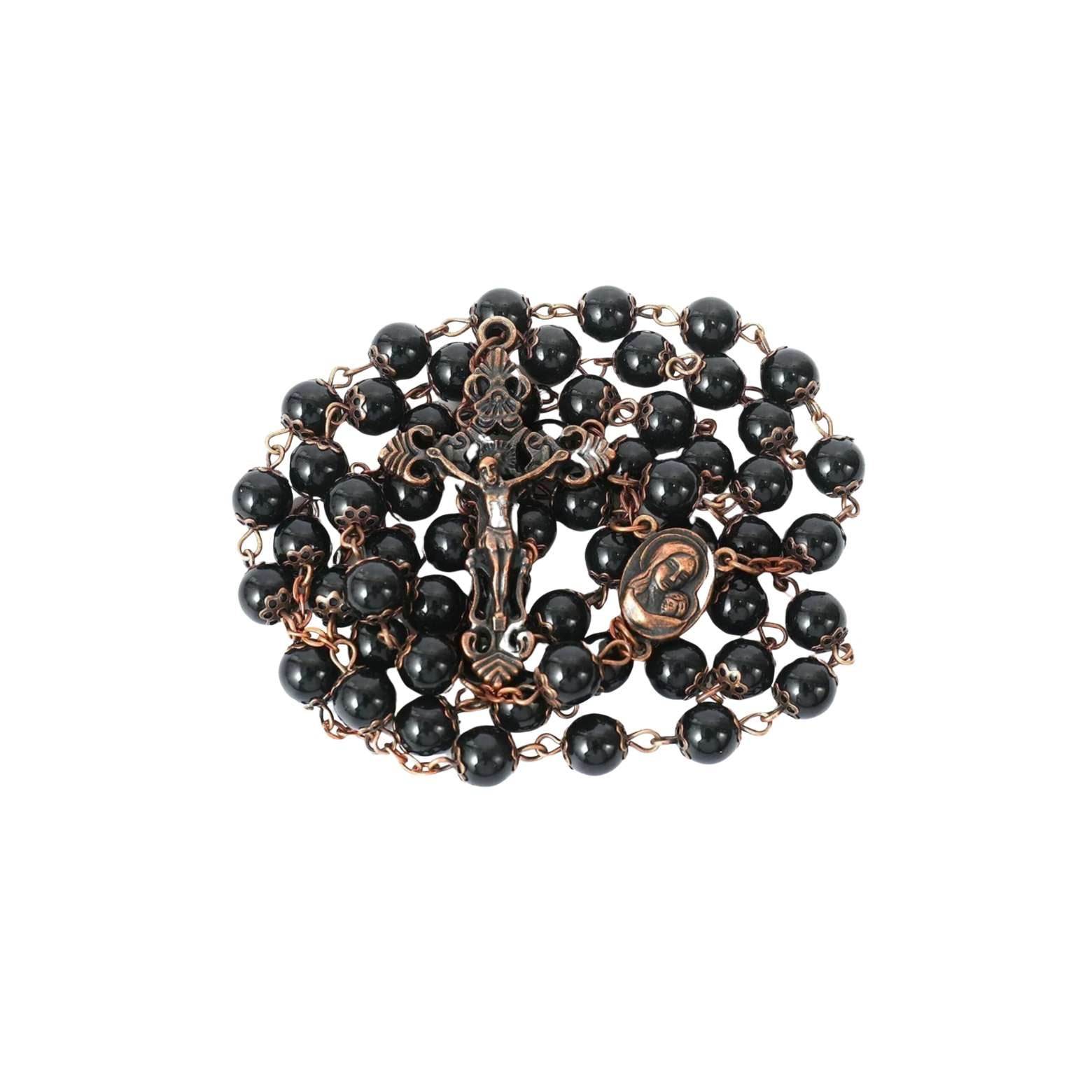 Black Obsidian Natural Stone Rosary Beads Necklace Holy Soil & Cross Crucifix - Nazareth Store