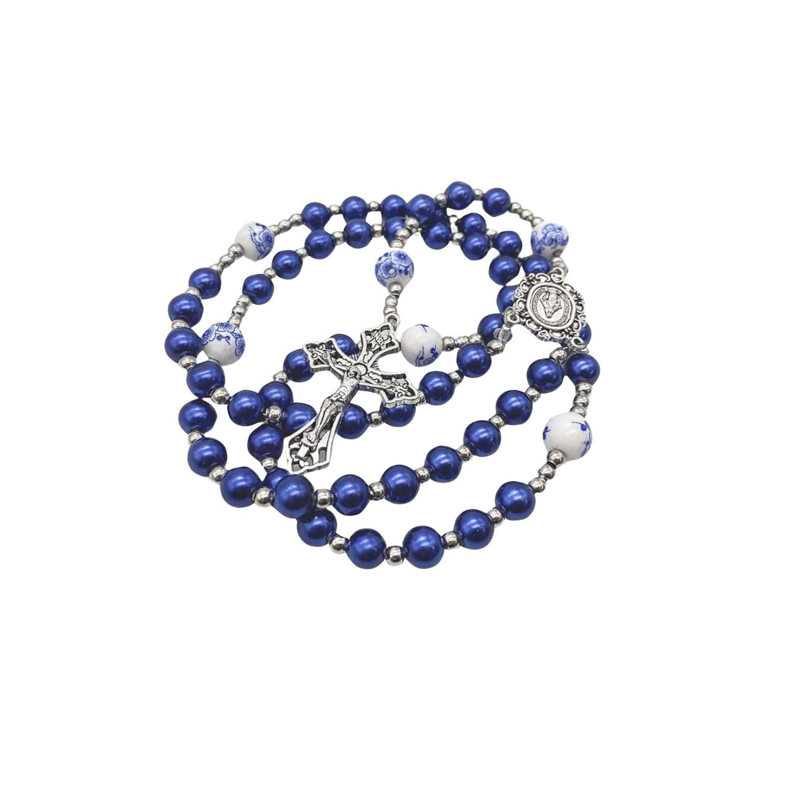 Blue Flowers Beads Rosary Crystallized Glass Pearl Necklace Nazareth Store