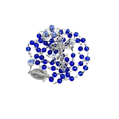 Blue Glass Catholic Rosary White Flowers Beads with Miraculous Medal & Cross - Nazareth Store