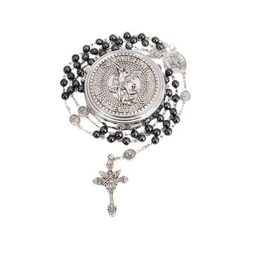 Hematite Rosary Necklace with Silver Archangel Medal & St. Michael Cross