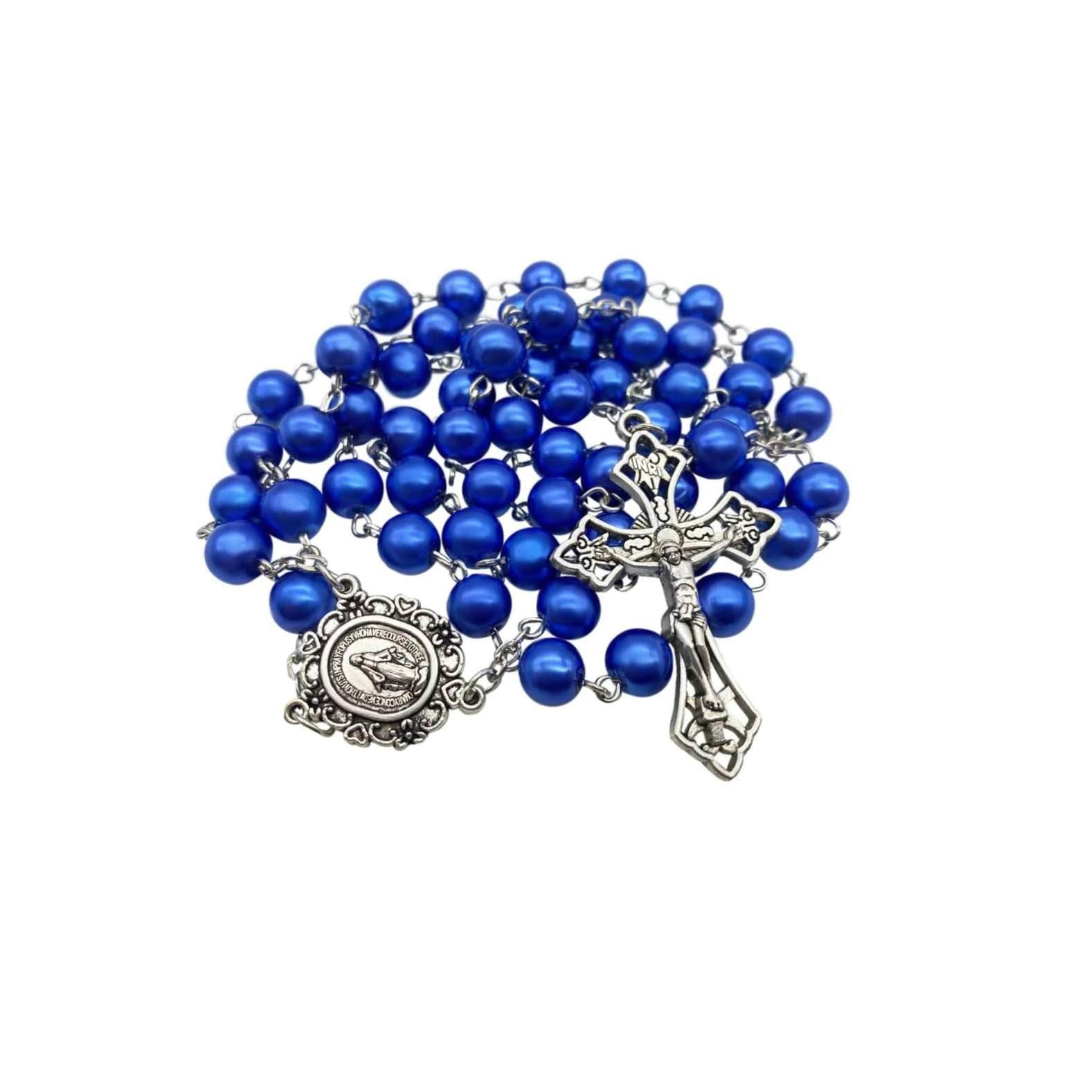 Blue Pearl Beads Rosary Necklace Catholic Miraculous Medal & Cross - Nazareth Store