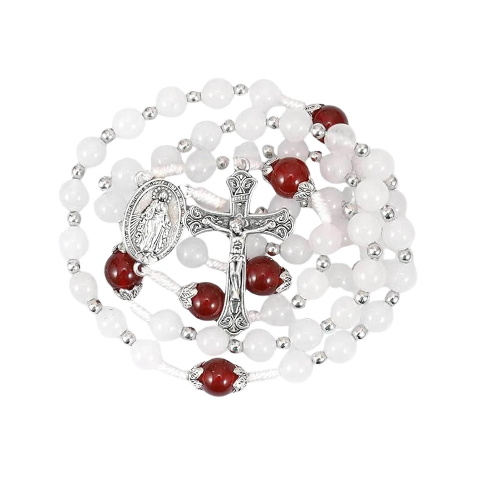 White Jade & Natural Stone Beads Rosary Necklace St. Miraculous Medal & Cross Crucifix - Nazareth Store