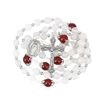 St. Miraculous 8mm White Jade & 10mm Natural Red Garnet Stone Beads Rosary Necklace Nazareth Store