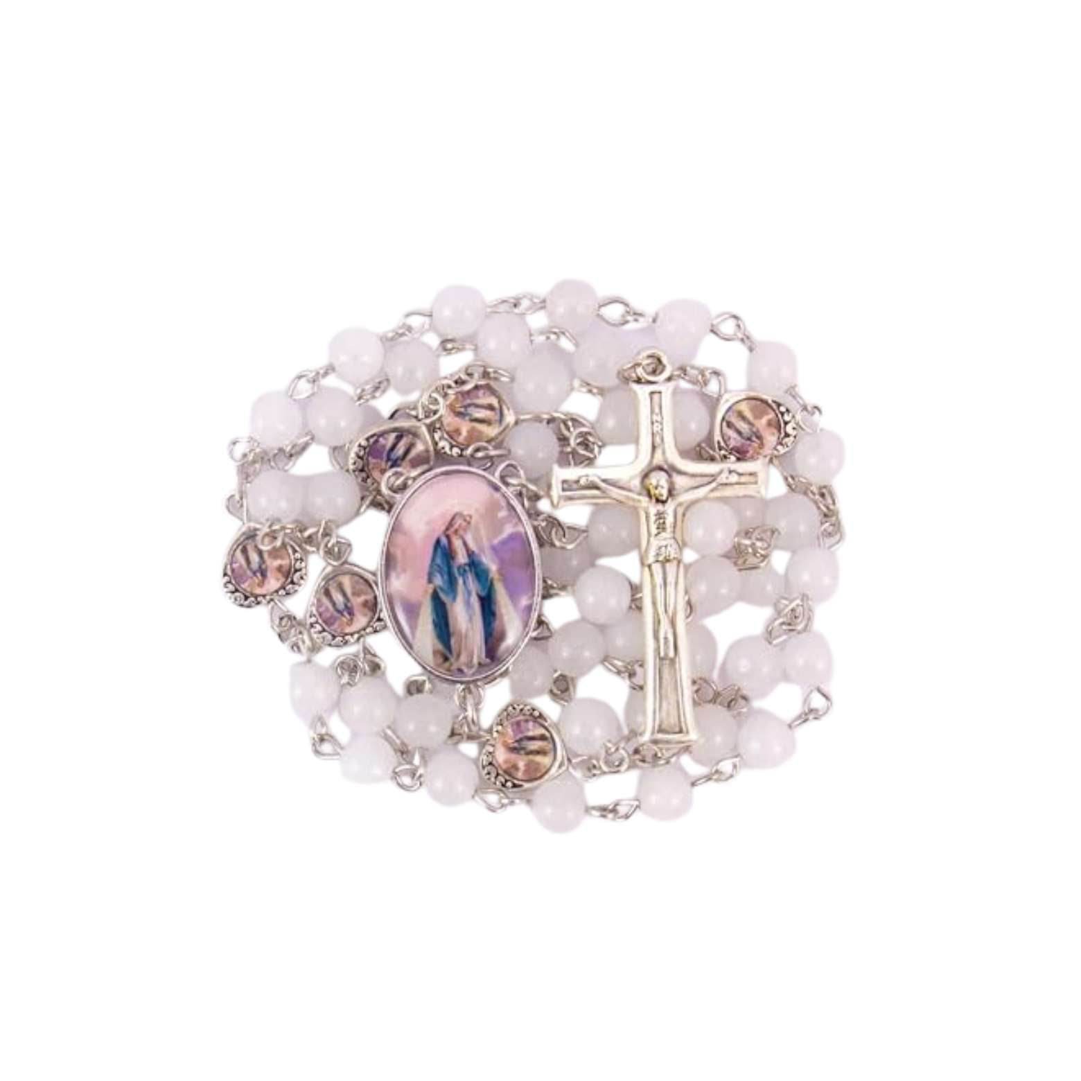 Crystal Beads Gold Flowers Beaded Rosary Necklace Miraculous Heart Locket Medal & Cross - Nazareth Store