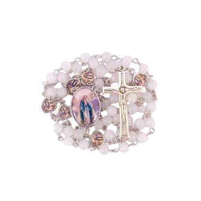 Crystal Beads Gold Flowers Beaded Rosary Necklace Miraculous Heart Locket Medal & Cross - Nazareth Store