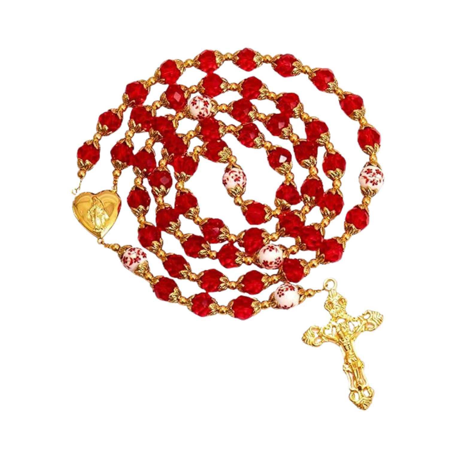 Crystal Beads Gold Flowers Beaded Rosary Necklace Miraculous Heart Locket Medal & Cross - Nazareth Store