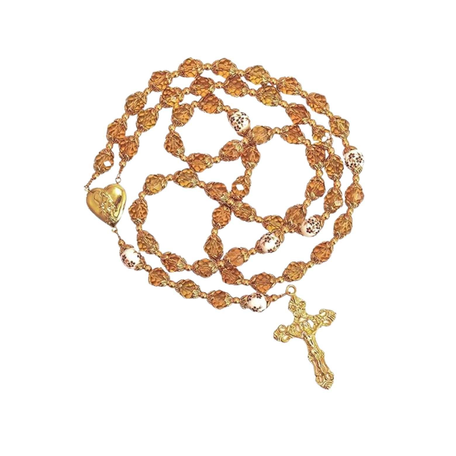 Crystal Beads Gold Flowers Beaded Rosary Necklace Miraculous Heart Locket Medal & Cross - Nazareth Store