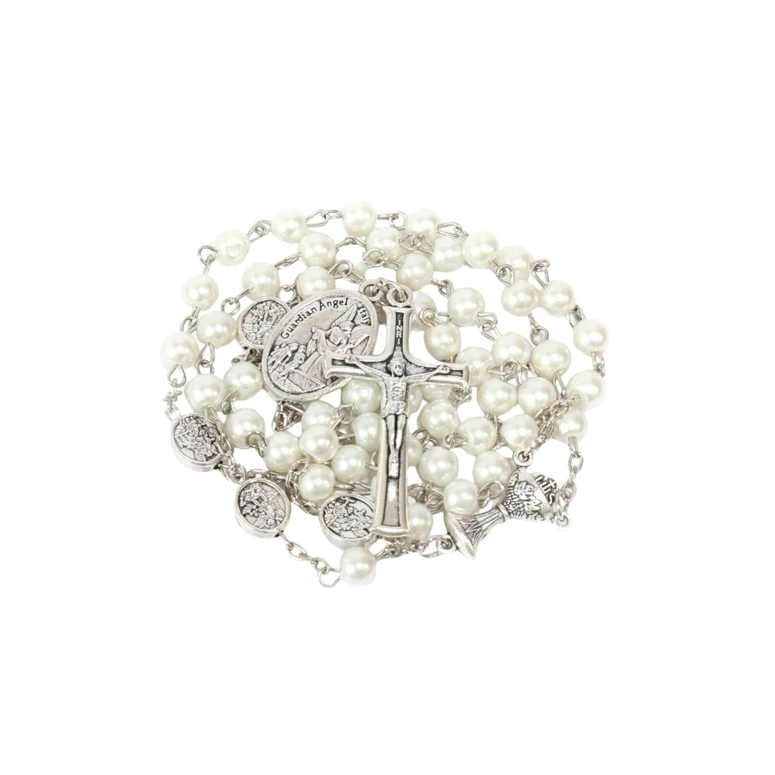 White Pearl Communion Rosary with Guardian Our Father Beads and St. Michael Medal - Nazareth Store