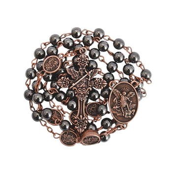 Hematite Rosary Necklace with Copper Archangel Medal & St. Michael Cross