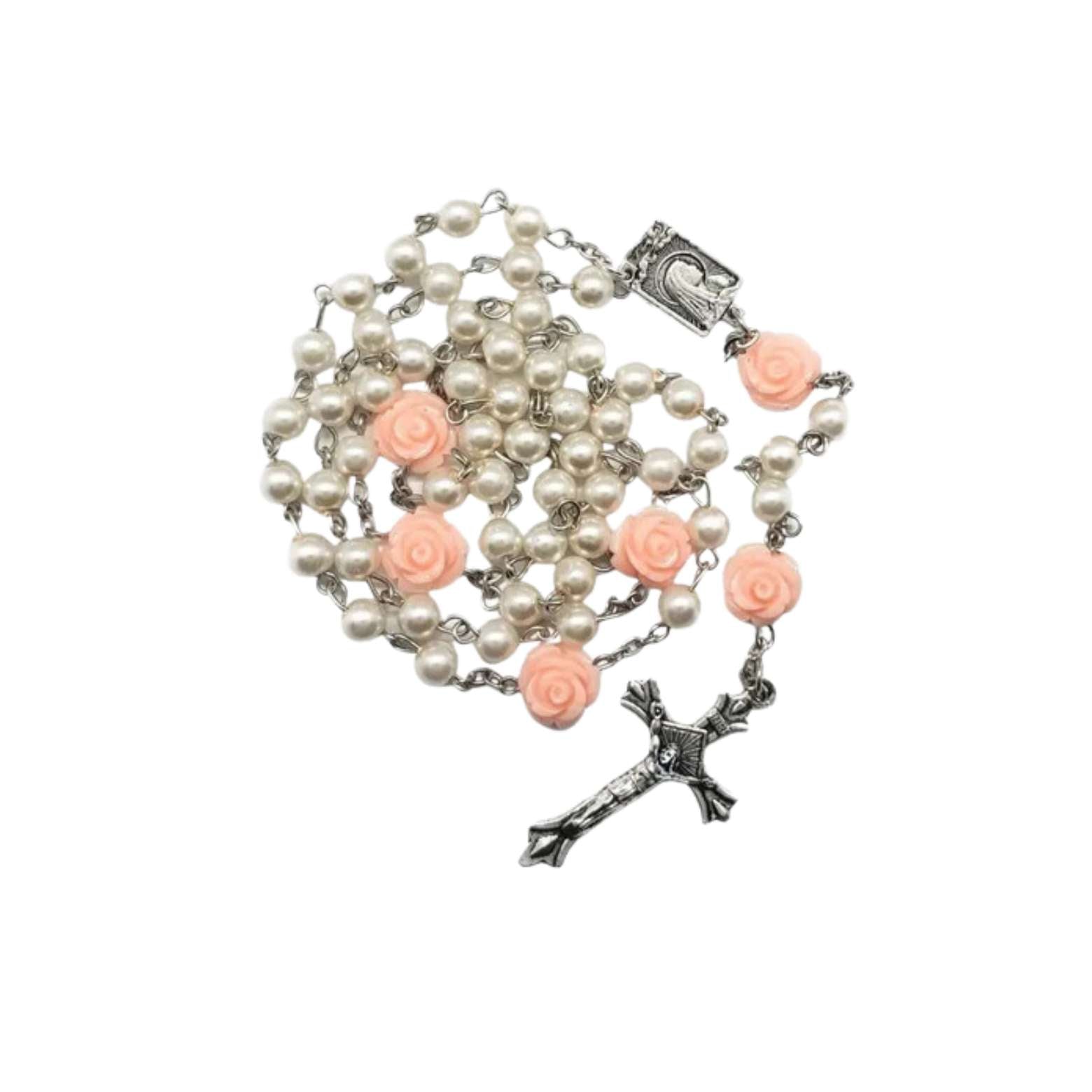 White Pearl Rosary Necklace Pink Beaded Roses Medal & Cross Nazareth Store