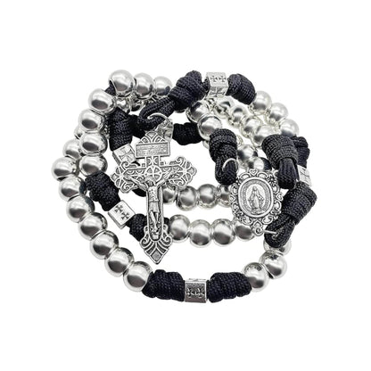 Silver Beads Paracord Rosary Necklace with Miraculous Medal & Pardon Crucifix - Nazareth Store