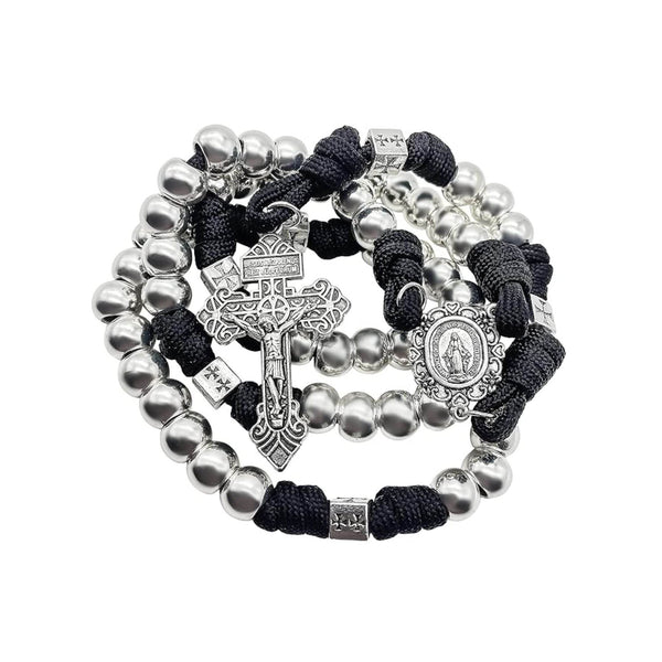 Silver Beads Paracord Rosary Necklace with Miraculous Medal & Pardon Crucifix - Nazareth Store