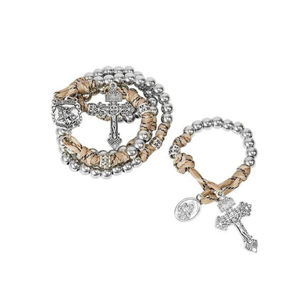 Silver Beads Paracord Rosary Rugged Necklace Set St. Michael & St.Benedict 22" - Nazareth Store