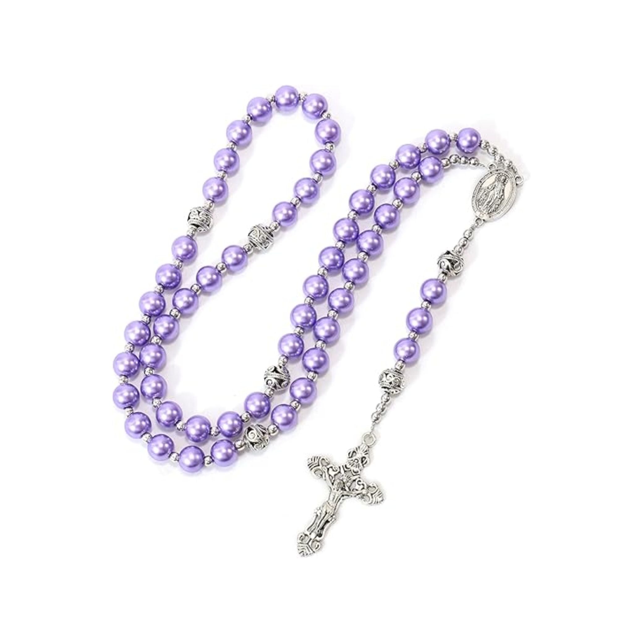 Purple Pearl Rosary Necklace with Miraculous Medal & Silver-Plated Crucifix Catholic Prayer Beads - Nazareth Store 