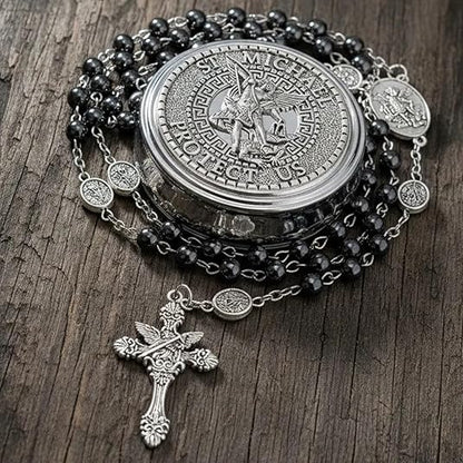 Hematite Rosary Necklace with Silver Archangel Medal & St. Michael Cross - Nazareth Store