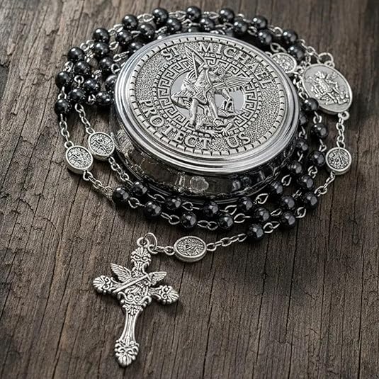 Hematite Rosary Necklace with Silver Archangel Medal & St. Michael Cross - Nazareth Store