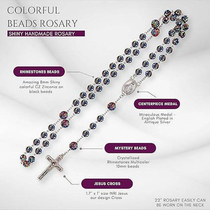 Colorful Black with Colorful White Beads Rhinestones Crystal Beads Rosary - Nazareth Store