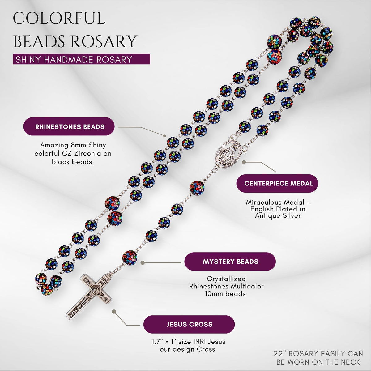Colorful Black with Colorful White Beads Rhinestones Crystal Beads Rosary - Nazareth Store