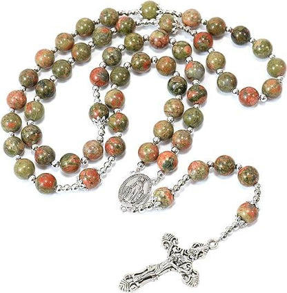 Natural Agate Green Flower Beads Rosary Necklace with Silver Miraculous Medal with Cross - Nazareth Store