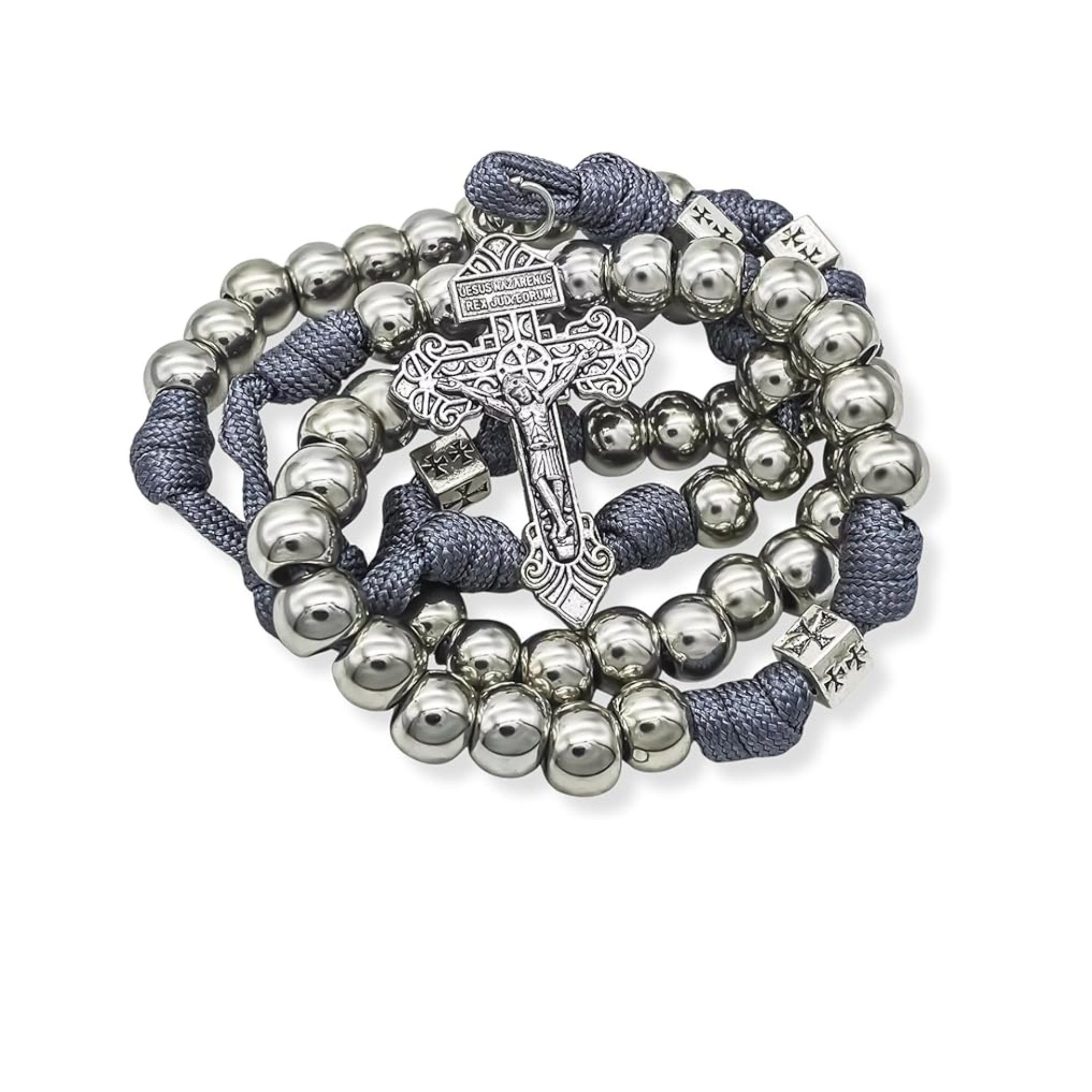 Stainless Steel Silver Paracord Rosary Necklace Beads Rugged Cord Catholic Rosary with Pardon Cross