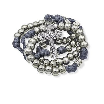 Stainless Steel Silver Paracord Rosary Necklace Beads Rugged Cord Catholic Rosary with Pardon Cross