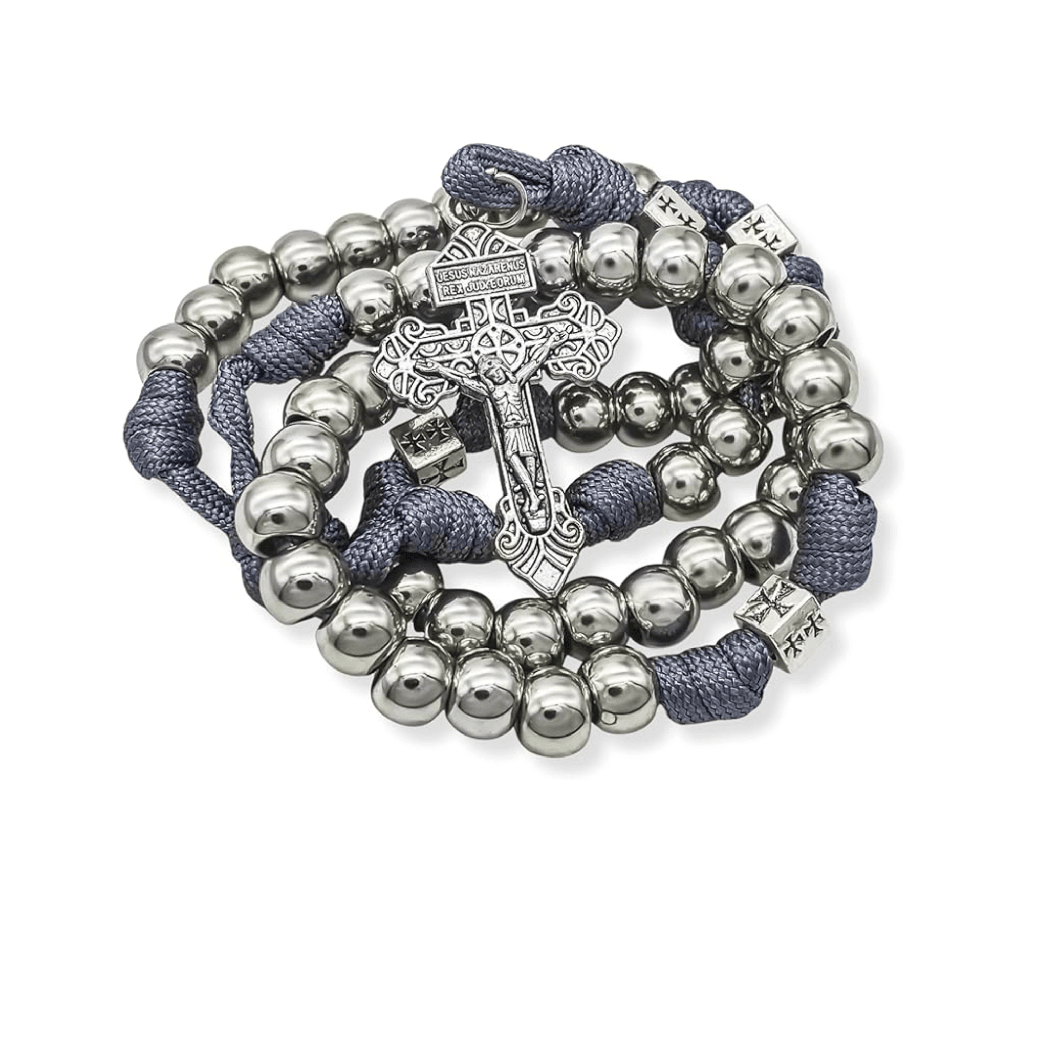 Stainless Steel Silver Rosary Necklace Paracord Rugged Beads with Pardon Cross - Nazareth Store