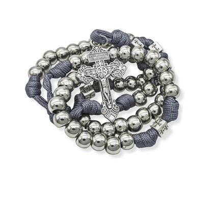 Stainless Steel Silver Rosary Necklace Paracord Rugged Beads with Pardon Cross - Nazareth Store