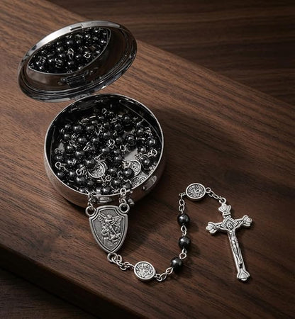 Hematite Rosary Necklace Silver-Plated St. Michael Archangel Medal & Crucifix with Metal Box - Nazareth Store