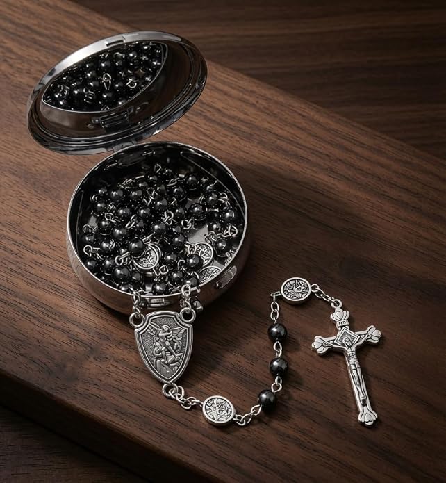 Hematite Rosary Necklace Silver-Plated St. Michael Archangel Medal & Crucifix with Metal Box - Nazareth Store