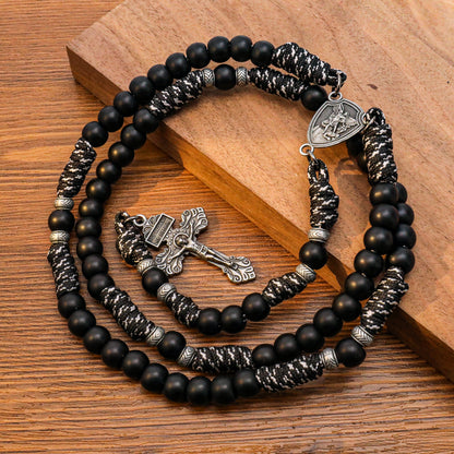 Men's Black Beaded Antique Black & White Paracord Rosary Necklace with Silver St. Michael Medal & Pardon Crucifix