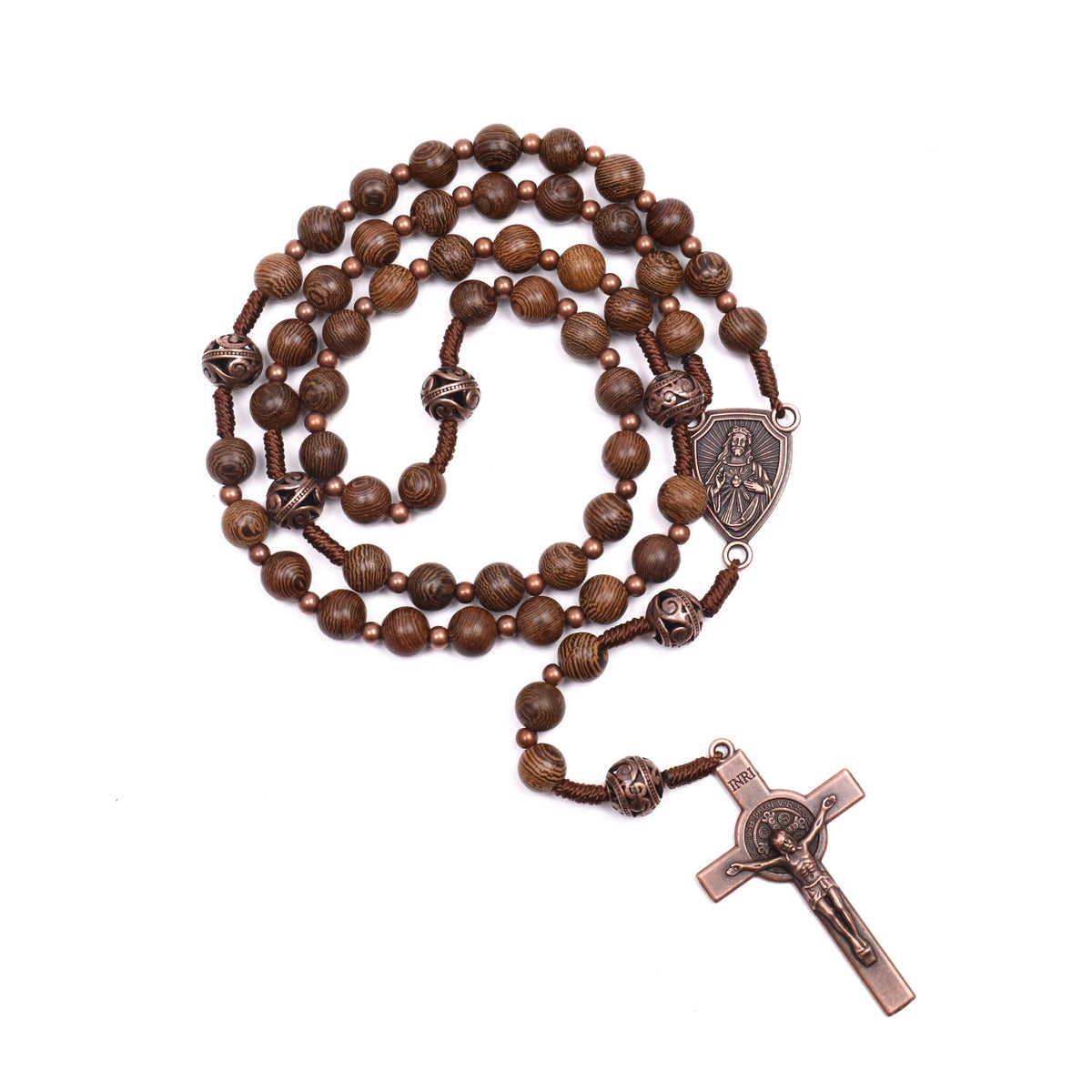Solid walnut wood rosary necklace with Our Father medal and bronze crucifix