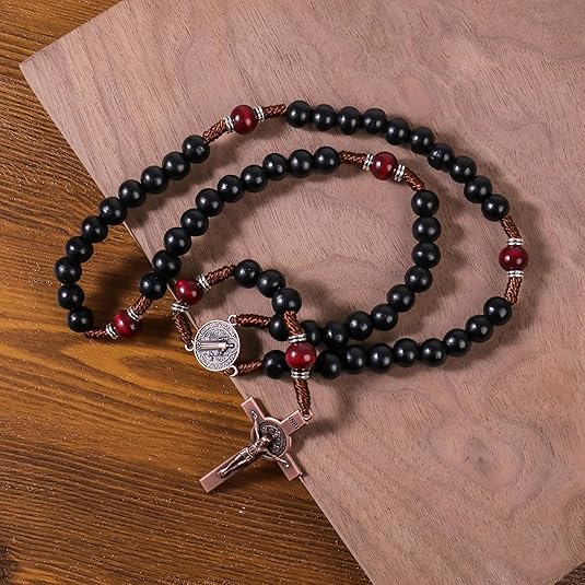 10mm black and 10mm black & dark red wood mystery beads, this rosary offers a bold, strong design that’s perfect for men. 