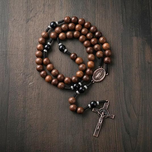 10mm olive and 10mm black wood mystery beads, this rosary offers a bold, strong design that’s perfect for men. 