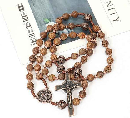 Olive Wood Rosary Necklace Catholic Solid Wooden Beads with St. Benedict Medal & Cross Crucifix - Nazareth Store
