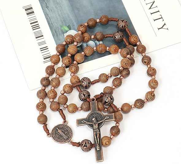 Olive Wood Rosary Necklace Catholic Solid Wooden Beads with St. Benedict Medal & Cross Crucifix - Nazareth Store