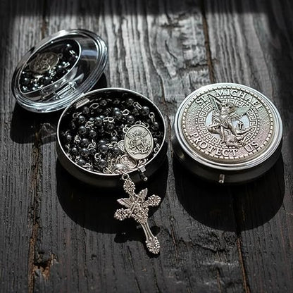 Hematite Rosary Necklace with Silver Archangel Medal & St. Michael Cross - Nazareth Store