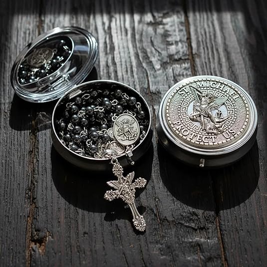 Hematite Rosary Necklace with Silver Archangel Medal & St. Michael Cross - Nazareth Store