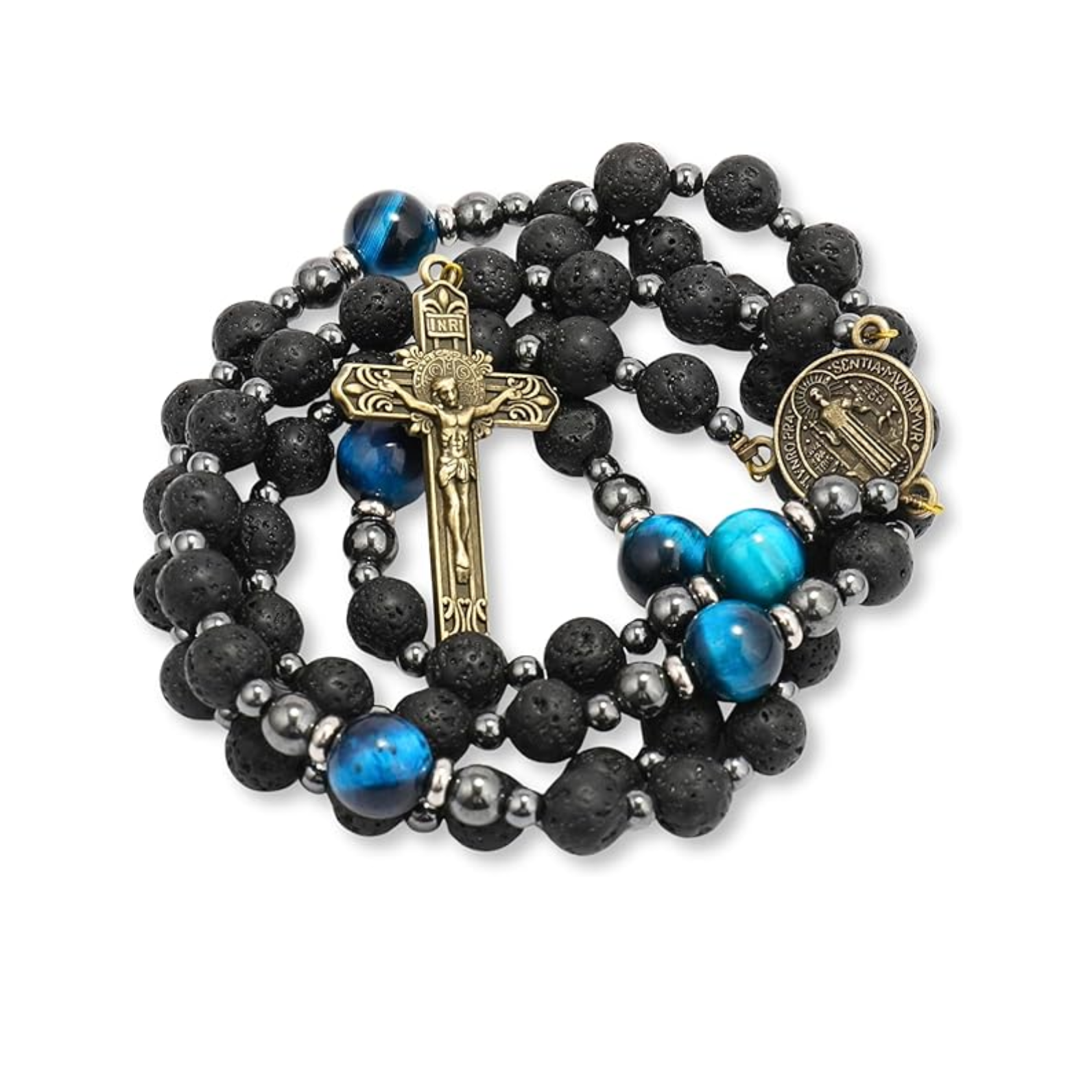 St. Benedict Black Lava Stone Beads with Blue Tiger Eye Beads Rosary Necklace for Men's Nazareth Store