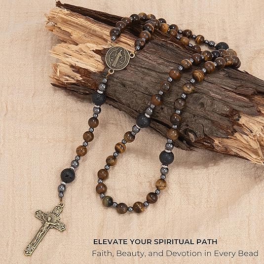 Brown Tiger Eye Catholic Rosary with St. Benedict Medal & Cross Necklace for Men's Nazareth Store
