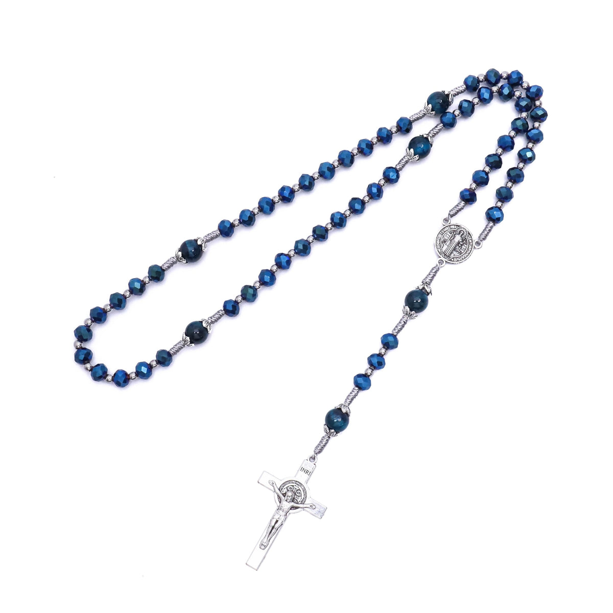 Blue Crystal Rosary Necklace with Tiger Eye Mystery Beads Silver-Plated St Benedict Medal & INRI Crucifix Handmade Catholic Prayer Beads Gift for Women & Men