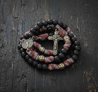 St. Benedict Paracord Rosary Corded Necklace Black Matte Beads & INRI Cross