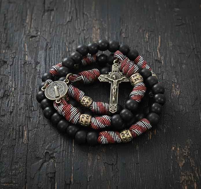 St. Benedict Paracord Rosary Corded Necklace Black Matte Beads & INRI Cross