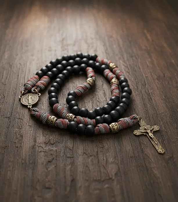 St. Benedict Paracord Rosary Corded Necklace Black Matte Beads & INRI Cross