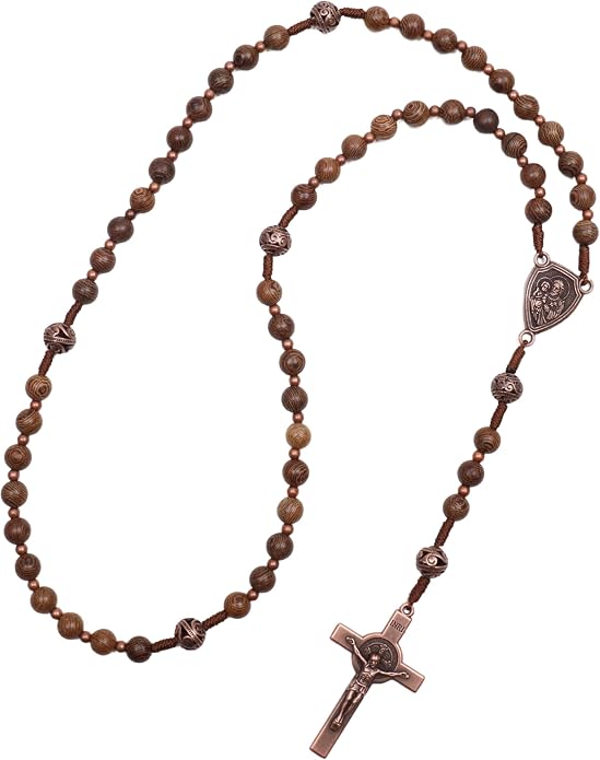 Olive Wood Rosary Necklace Metal Glory Beads with St. Joseph Medal & Cross Crucifix - Nazareth Store 